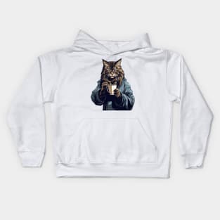 Maine Coon Cat Drinking Coffee Kids Hoodie